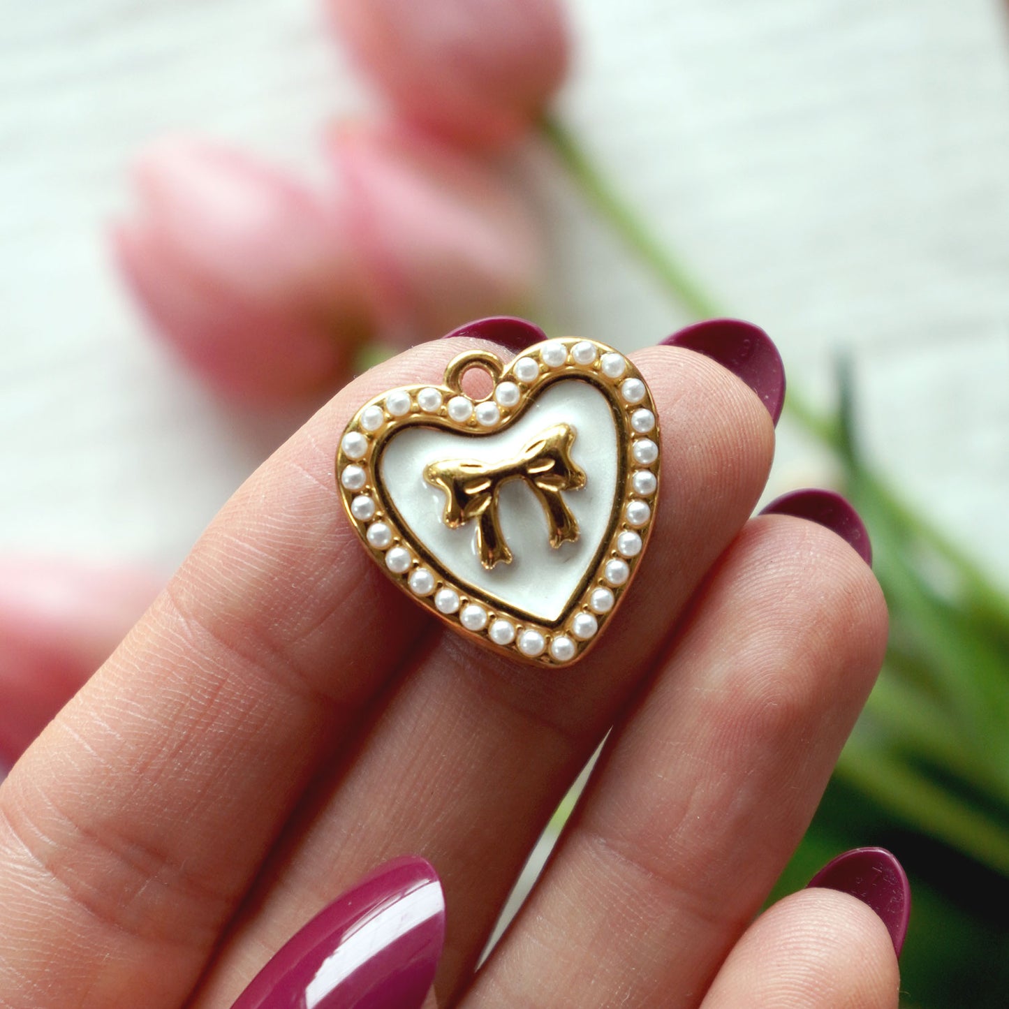 Pearl bow Heart Charm | 18K Gold Plated