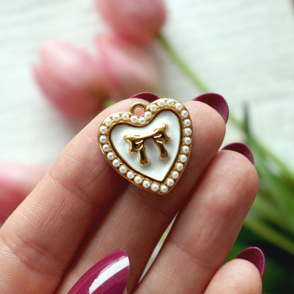 Pearl bow Heart Charm | 18K Gold Plated