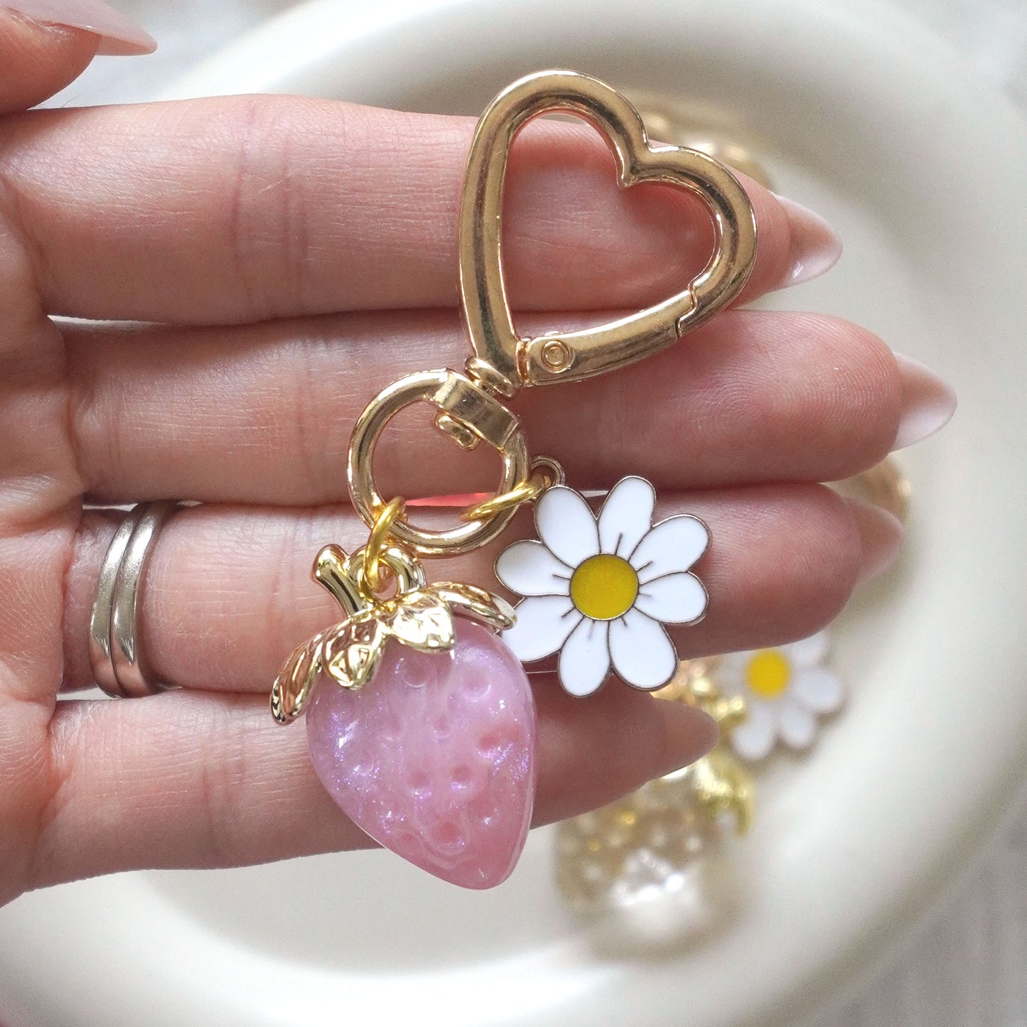 3D Strawberry + Flower Charm Keychain