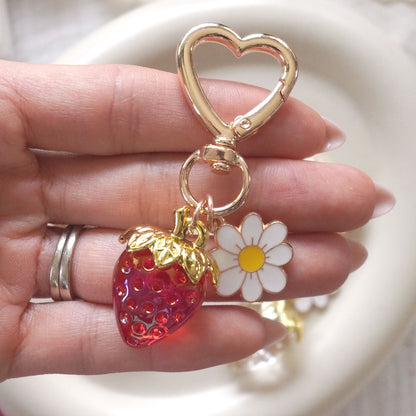 3D Strawberry + Flower Charm Keychain