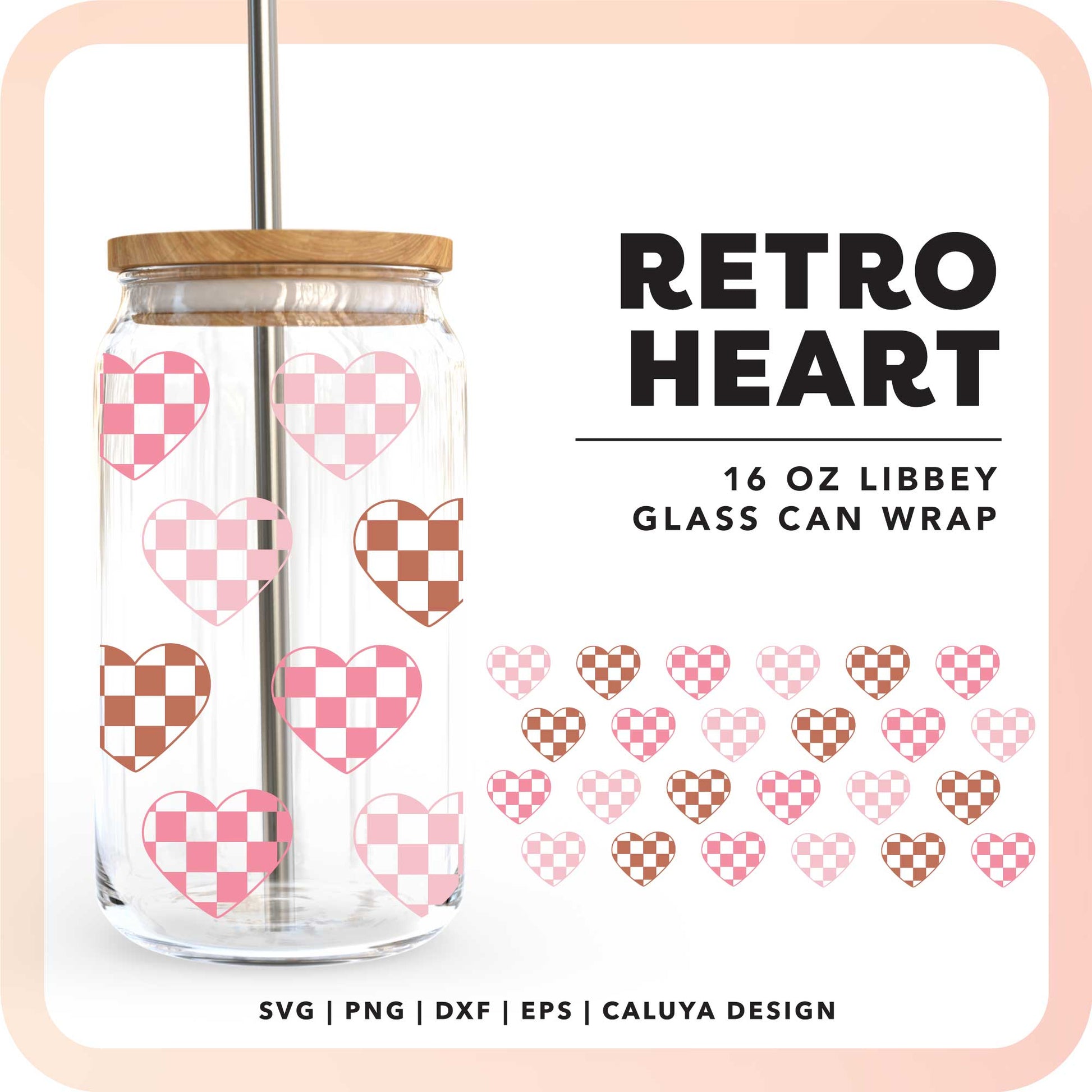 16oz Libbey Can Cup Wrap SVG | Retro Checkered Heart SVG