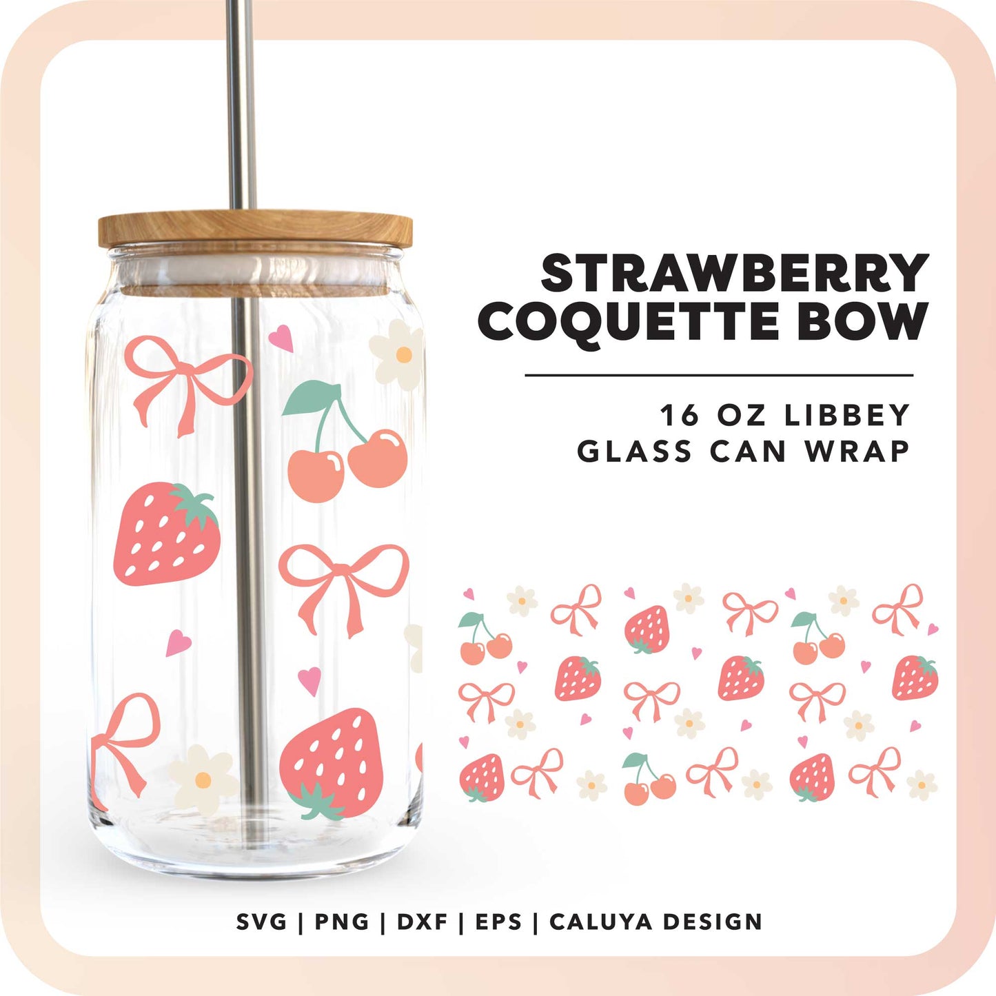 16oz Libbey Can Cup Wrap SVG | Strawberry & Bow SVG