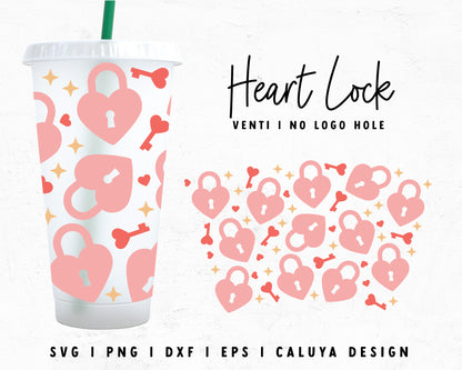 Venti Cup No Hole Heart Lock Cup Wrap Cut File for Cricut, Cameo Silhouette | Free SVG Cut File