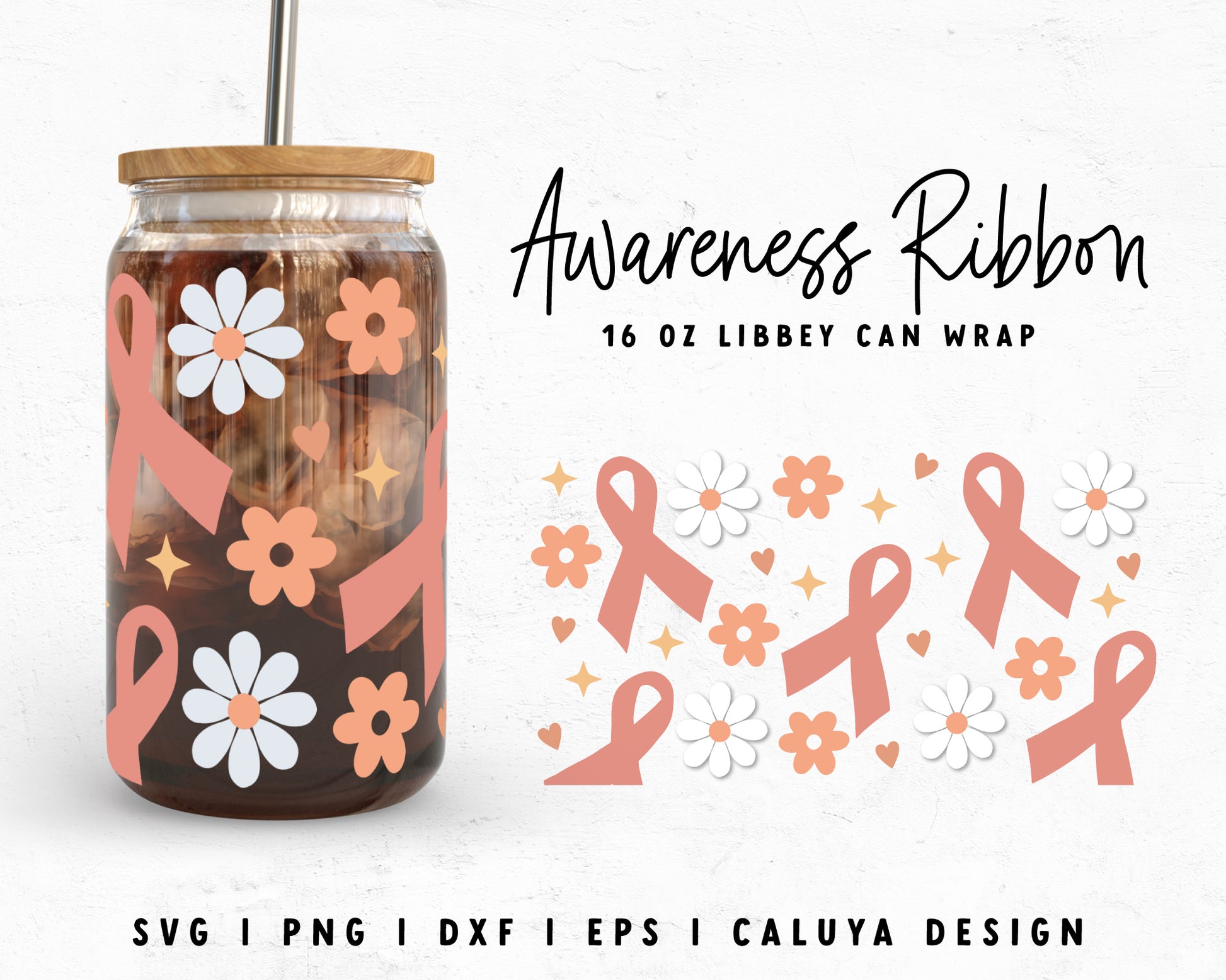 16oz Libbey Can Ribbons With Flowers Wrap Cut File for Cricut, Cameo Silhouette | Free SVG Cut File