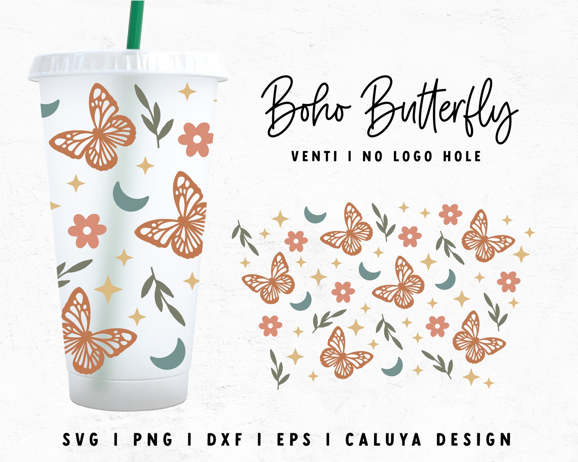 Venti Cup No Hole Boho Butterfly Cup Wrap Cut File for Cricut, Cameo Silhouette | Free SVG Cut File
