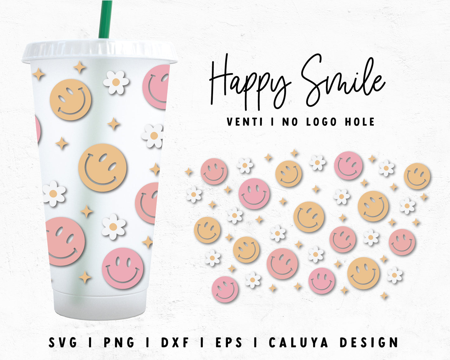 Venti Cup No Hole Happy Smile Cup Wrap Cut File for Cricut, Cameo Silhouette | Free SVG Cut File
