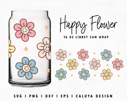 16oz Libbey Can Smiley Face Flower Cup Wrap Cut File for Cricut, Cameo Silhouette | Free SVG Cut File