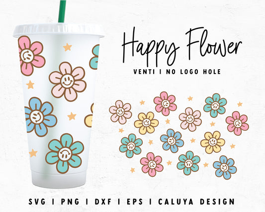 Venti Cup No Hole Smiley Face Flower Cup Wrap Cut File for Cricut, Cameo Silhouette | Free SVG Cut File