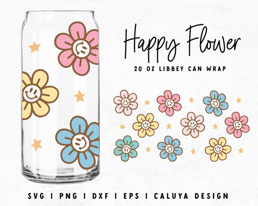 20oz Libbey Can Smiley Face Flower Cup Wrap Cut File for Cricut, Cameo Silhouette | Free SVG Cut File