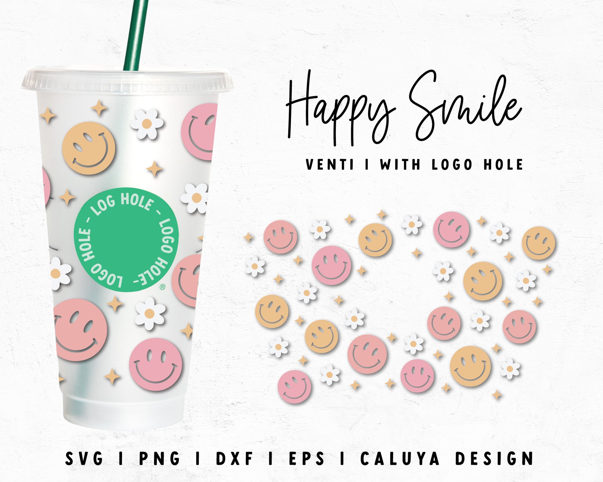 Venti Cup With Hole Happy Smile Cup Wrap Cut File for Cricut, Cameo Silhouette | Free SVG Cut File