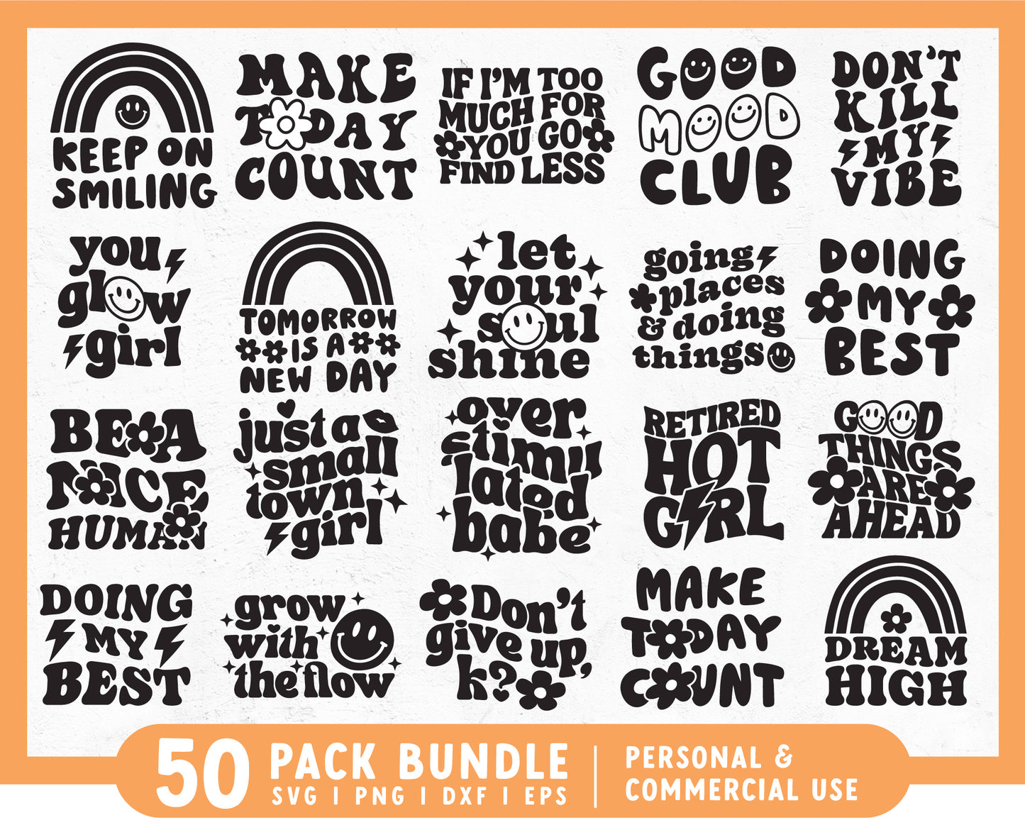 Happy Groovy SVG Bundle B&W Version | 50 Retro & Happy SVG Designs