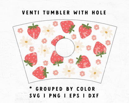 With Logo Venti Cup Wrap SVG | Cute Strawberry with Flowers