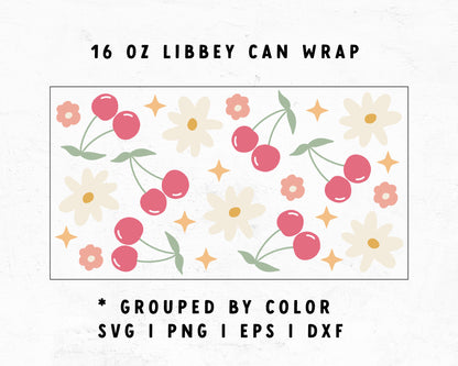 16oz Libbey Can Cup Wrap | Cute Cherry with Flowers