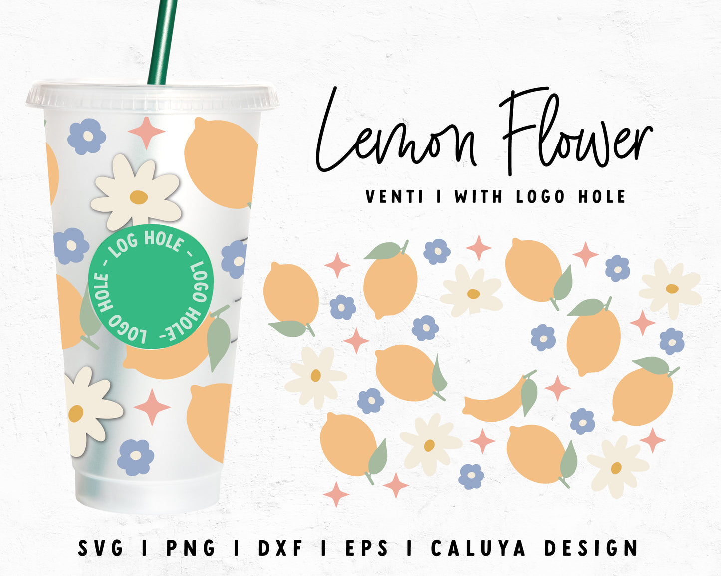 With Logo Venti Cup Wrap SVG | Cute Lemon with Flowers Cut File for Cricut, Cameo Silhouette | Free SVG Cut File