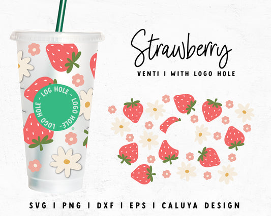 With Logo Venti Cup Wrap SVG | Cute Strawberry with Flowers Cut File for Cricut, Cameo Silhouette | Free SVG Cut File